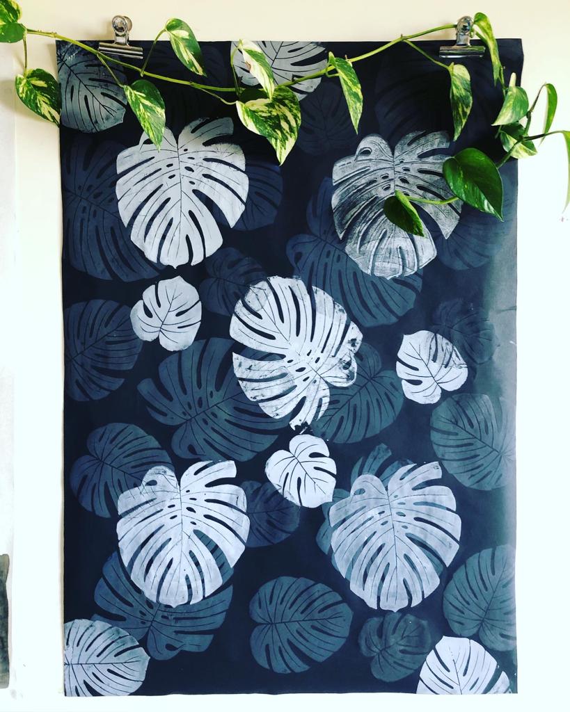 Monstera deliciosa linocut print